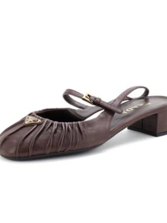 Prada Shoes - Prada Brown Leather Ruched Mary Jane Slingback Pump Size 39.5
